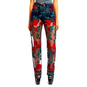 Sheer Rose Embroidered Mesh Pants Trousers Pretty Little Thing NWT